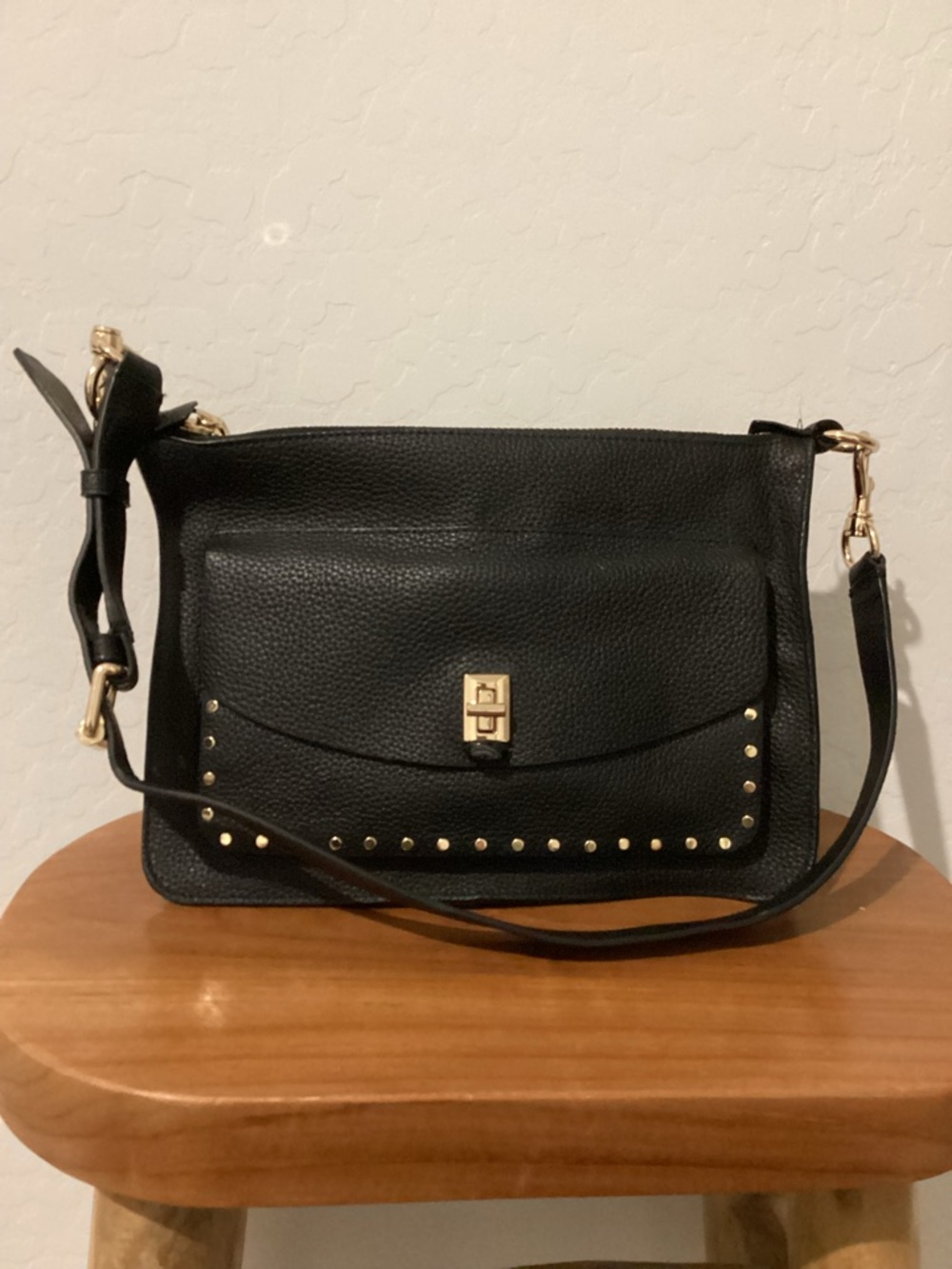 Rebecca Minkoff Black Leather Shoulder Bag with Gold Studs